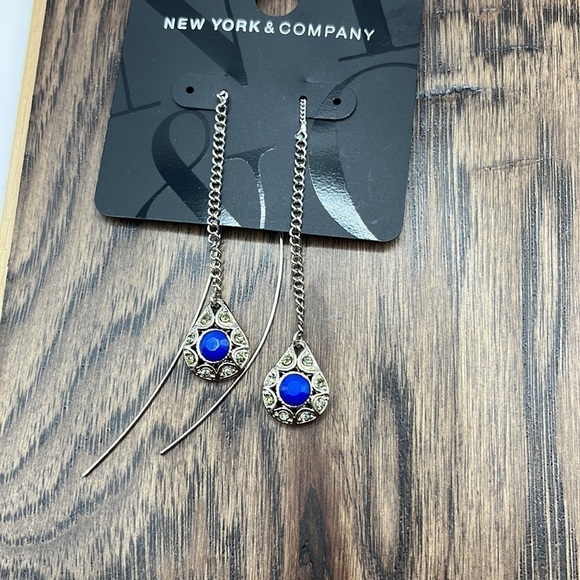 Tread earrings Silver Tone with Rhinestones and Blue Center Long Adjustable - Picture 5 of 8